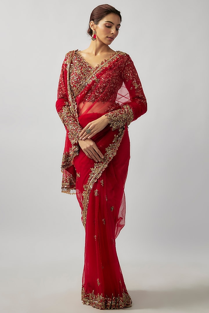 Red Tulle Zardosi Embroidered Saree Set by FATIZ