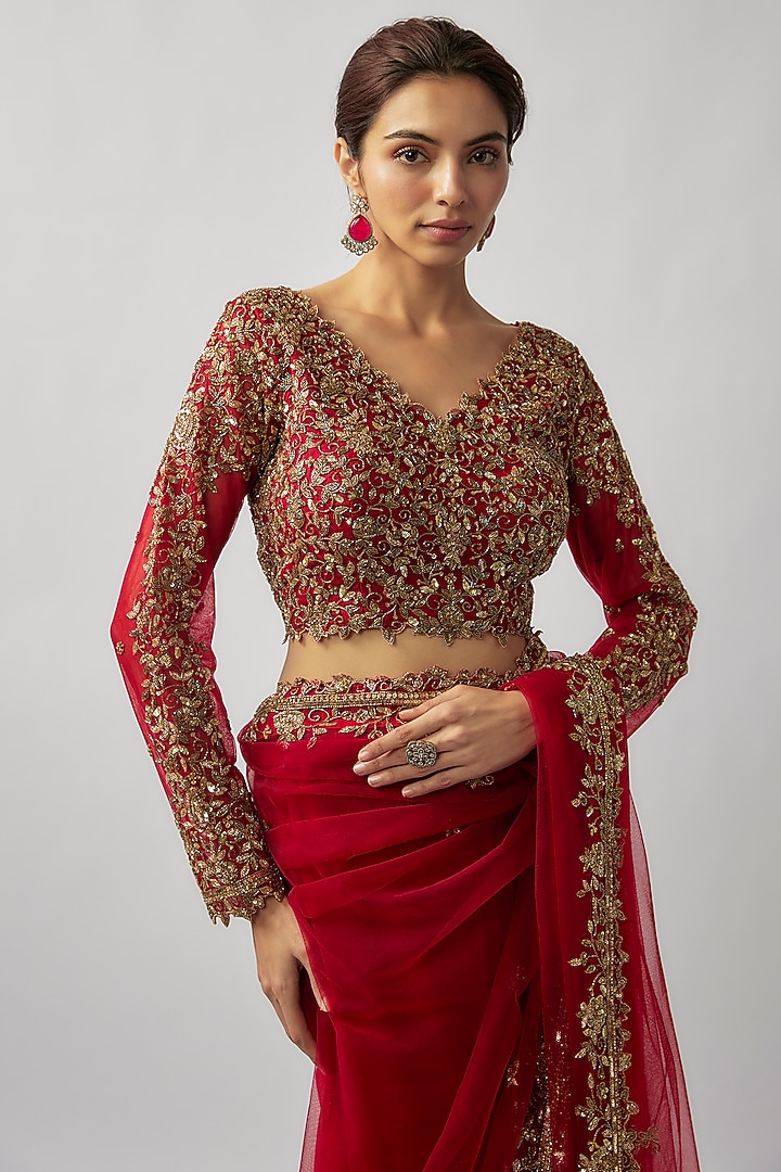 Red Tulle Zardosi Embroidered Wedding Saree Set by FATIZ at Pernia's Pop Up Shop