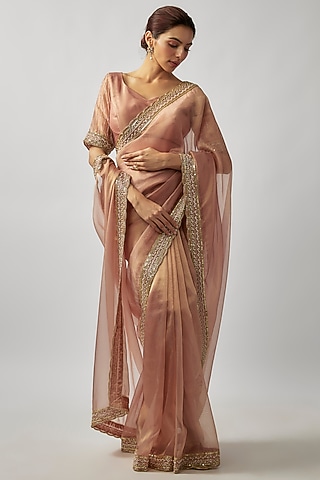 Blush Pink Tissue Organza Cutdana Embroidered Saree Set by FATIZ