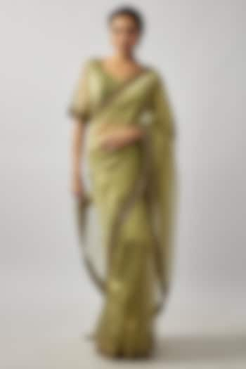 Sage Green Tissue Organza Cutdana Embroidered Saree Set by FATIZ at Pernia's Pop Up Shop