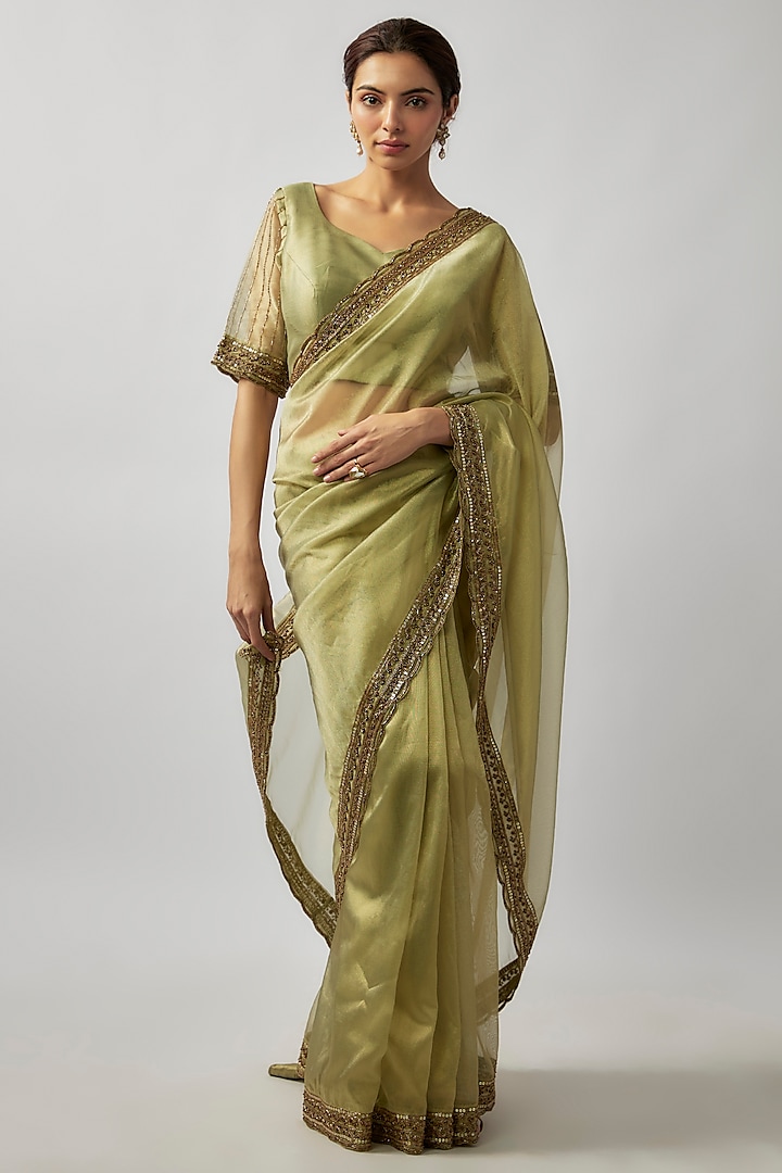 Sage Green Tissue Organza Cutdana Embroidered Saree Set by FATIZ at Pernia's Pop Up Shop