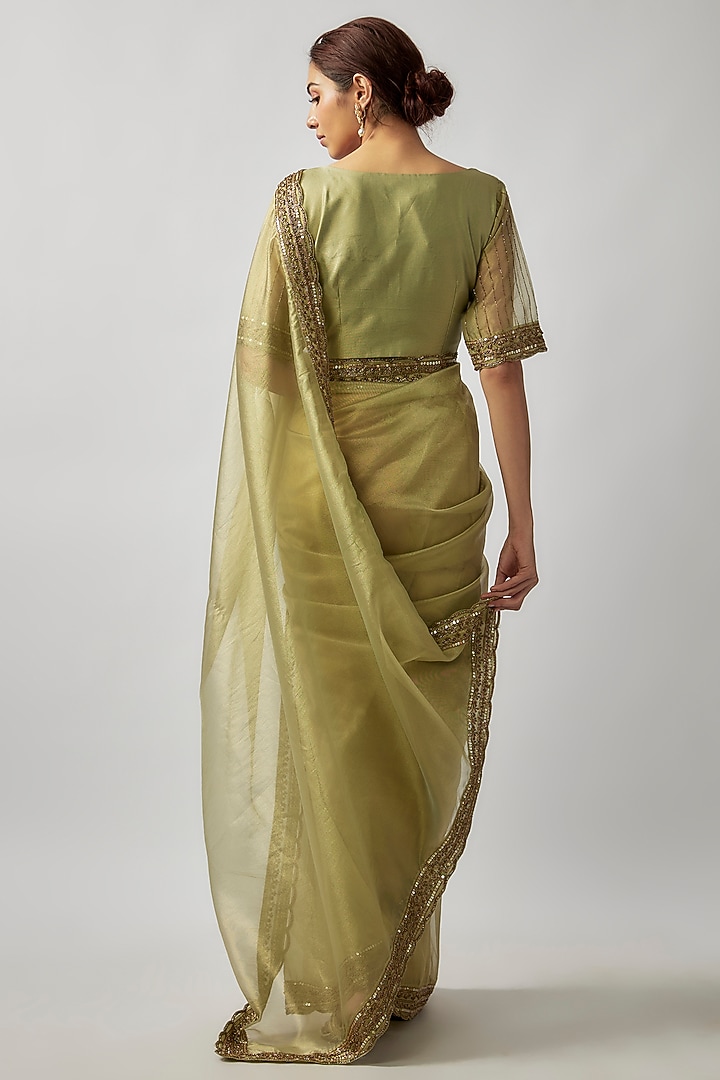 Sage Green Tissue Organza Cutdana Embroidered Wedding Saree Set by FATIZ at Pernia's Pop Up Shop
