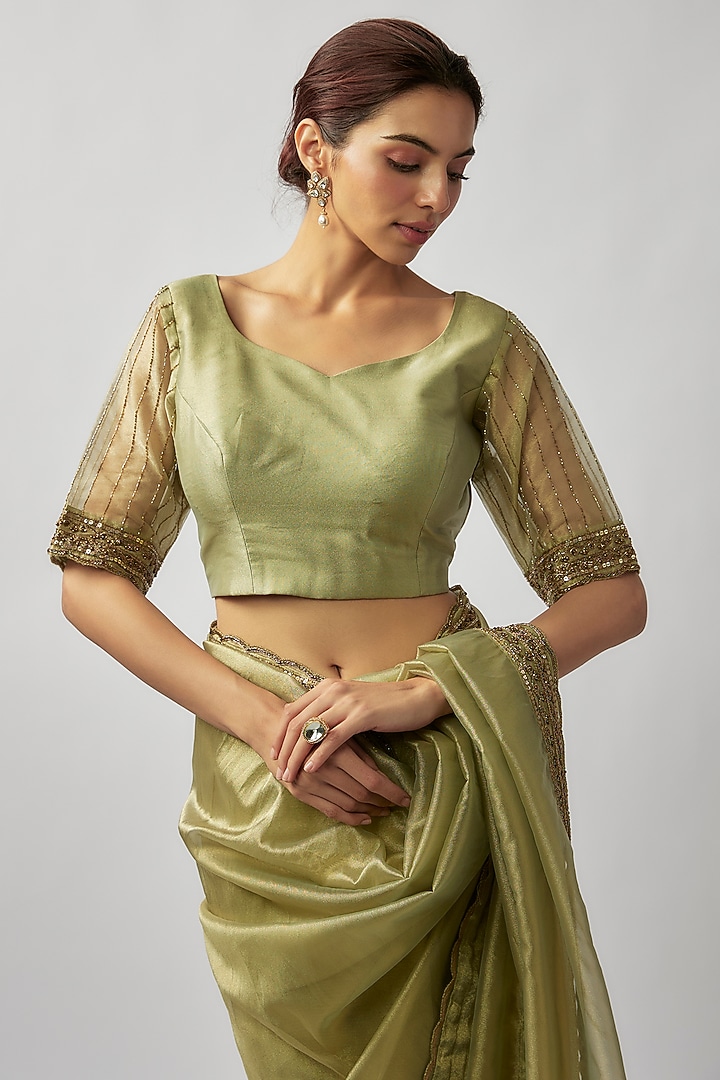 Sage Green Tissue Organza Cutdana Embroidered Wedding Saree Set by FATIZ at Pernia's Pop Up Shop