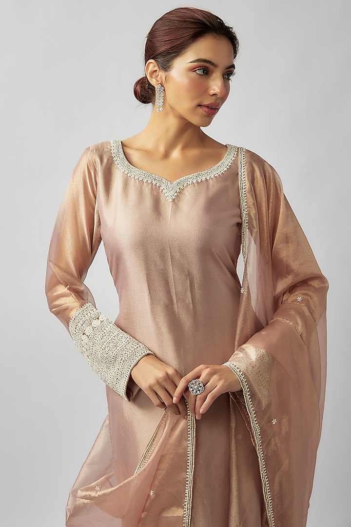 Blush Pink Tissue Georgette Cut Bead Embellished Kurta Set by FATIZ at Pernia's Pop Up Shop