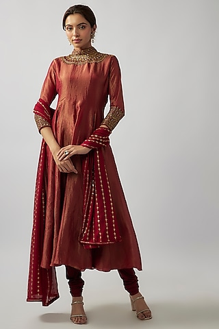 Maroon Tissue Georgette Sequin & Glass Bead Embellished Anarkali Set by FATIZ