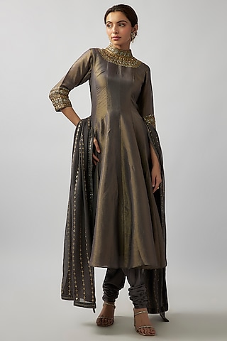 Grey Tissue Georgette Sequin & Glass Bead Embellished Anarkali Set by FATIZ