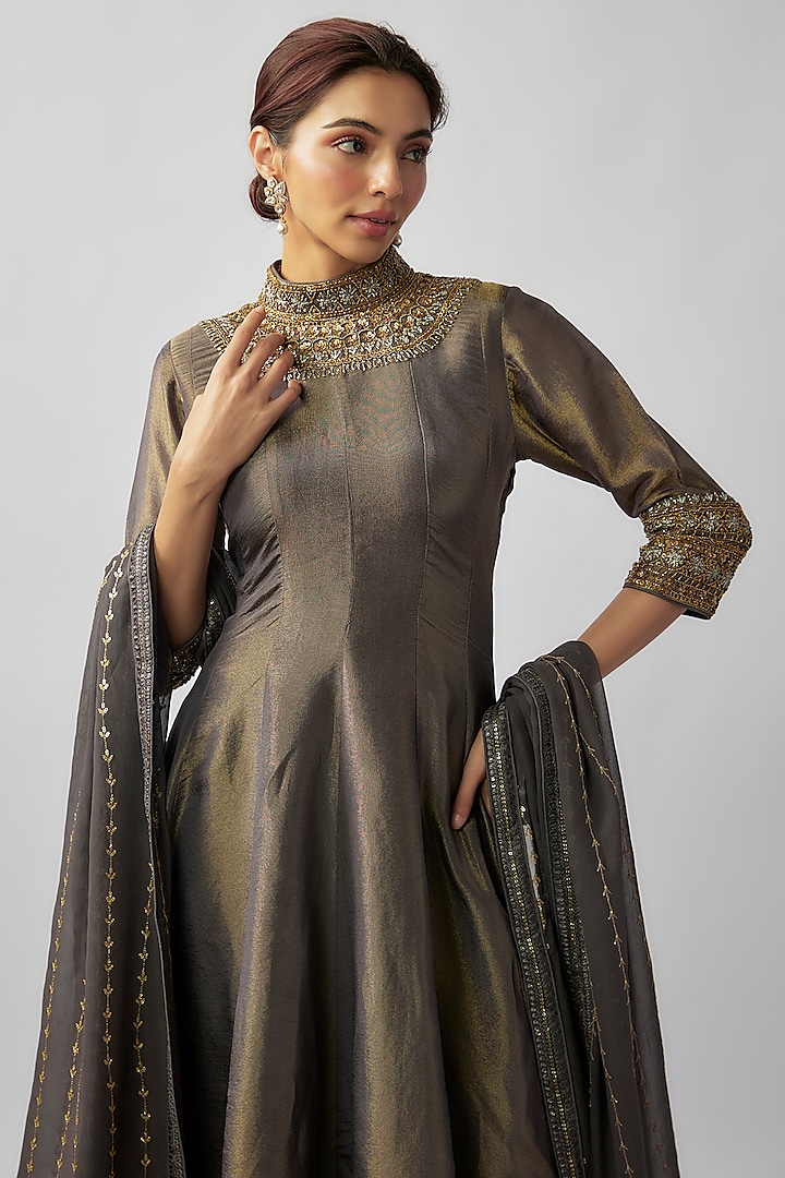 Grey Tissue Georgette Sequin & Glass Bead Embellished Party Wear Anarkali Set by FATIZ at Pernia's Pop Up Shop