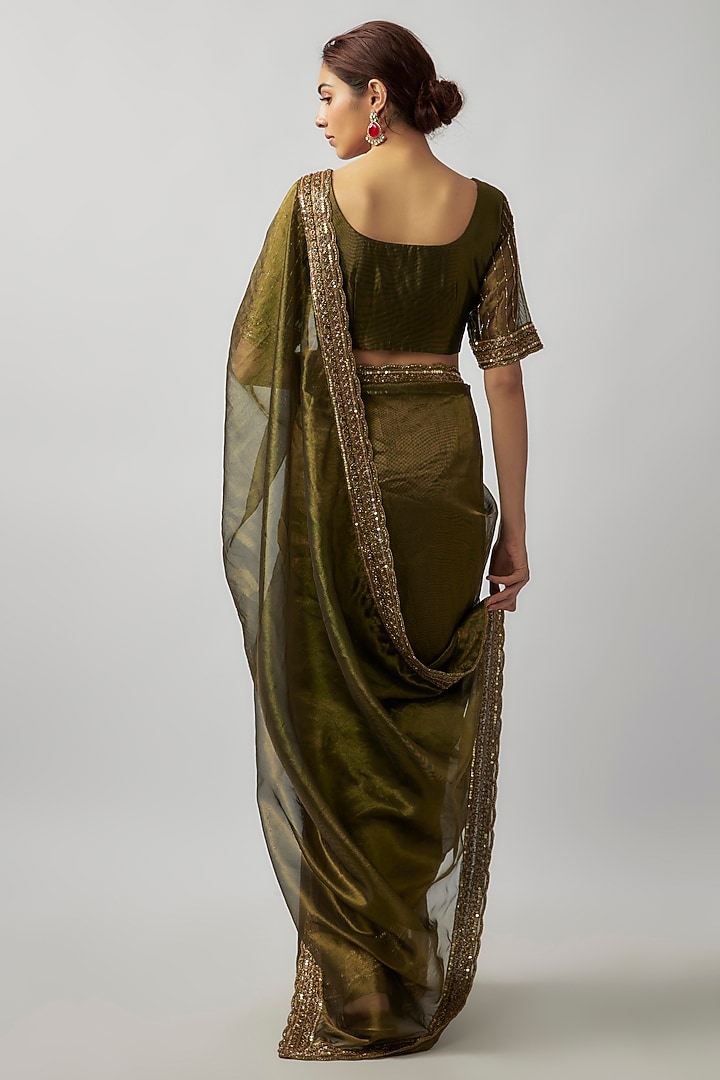 Mehendi Green Tissue Organza Cutdana Embellished Wedding Saree Set by FATIZ at Pernia's Pop Up Shop
