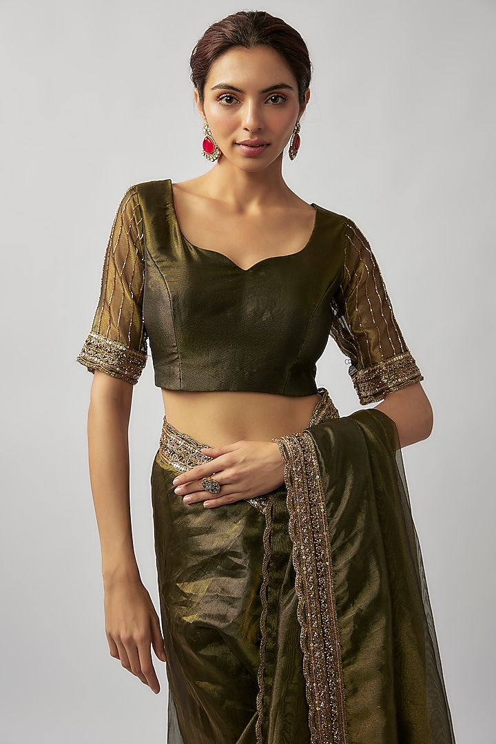 Mehendi Green Tissue Organza Cutdana Embellished Wedding Saree Set by FATIZ at Pernia's Pop Up Shop