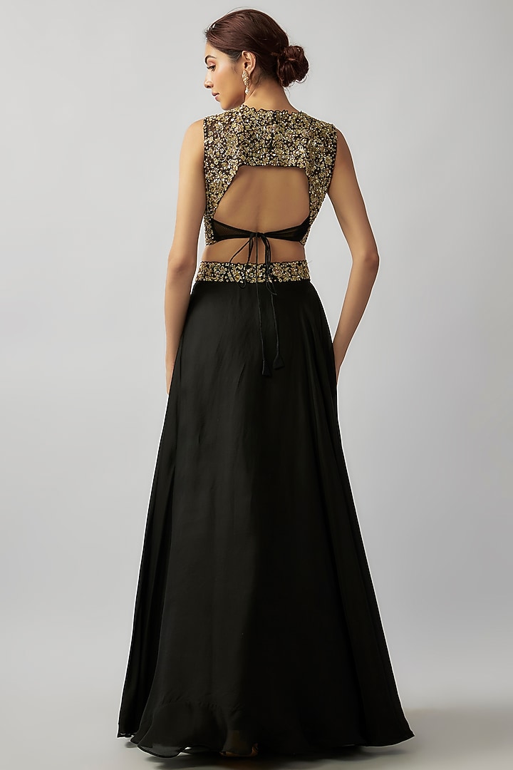 Black Organza Zardosi and Cut Bead Embroidered Handcrafted Wedding Lehenga Set by FATIZ at Pernia's Pop Up Shop