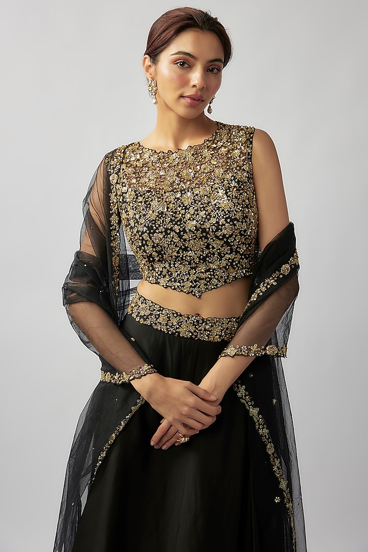 Black Organza Zardosi and Cut Bead Embroidered Handcrafted Wedding Lehenga Set by FATIZ at Pernia's Pop Up Shop
