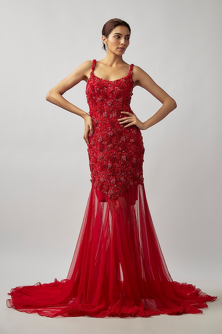 Red Tulle Pearl & Glass Bead Embellished Bodycon Gown by FATIZ