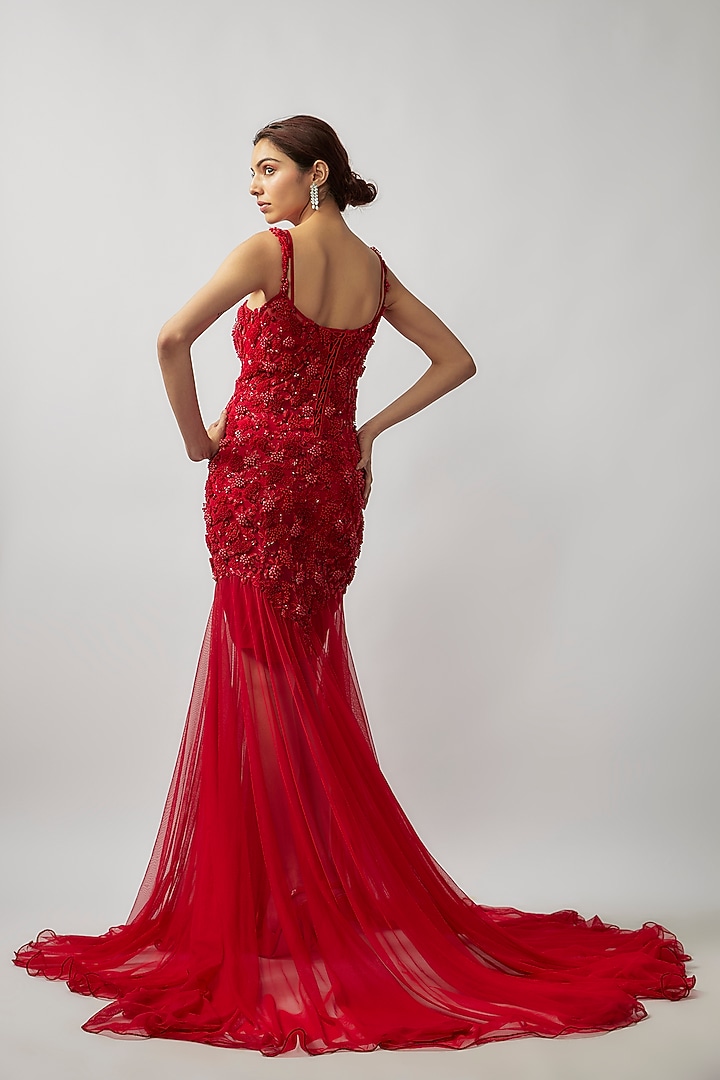 red embellished bodycon dress Tulle Pearl & Glass Bead Gown Design by FATIZ at Pernia's Pop Up Shop 2026 Maxi dress