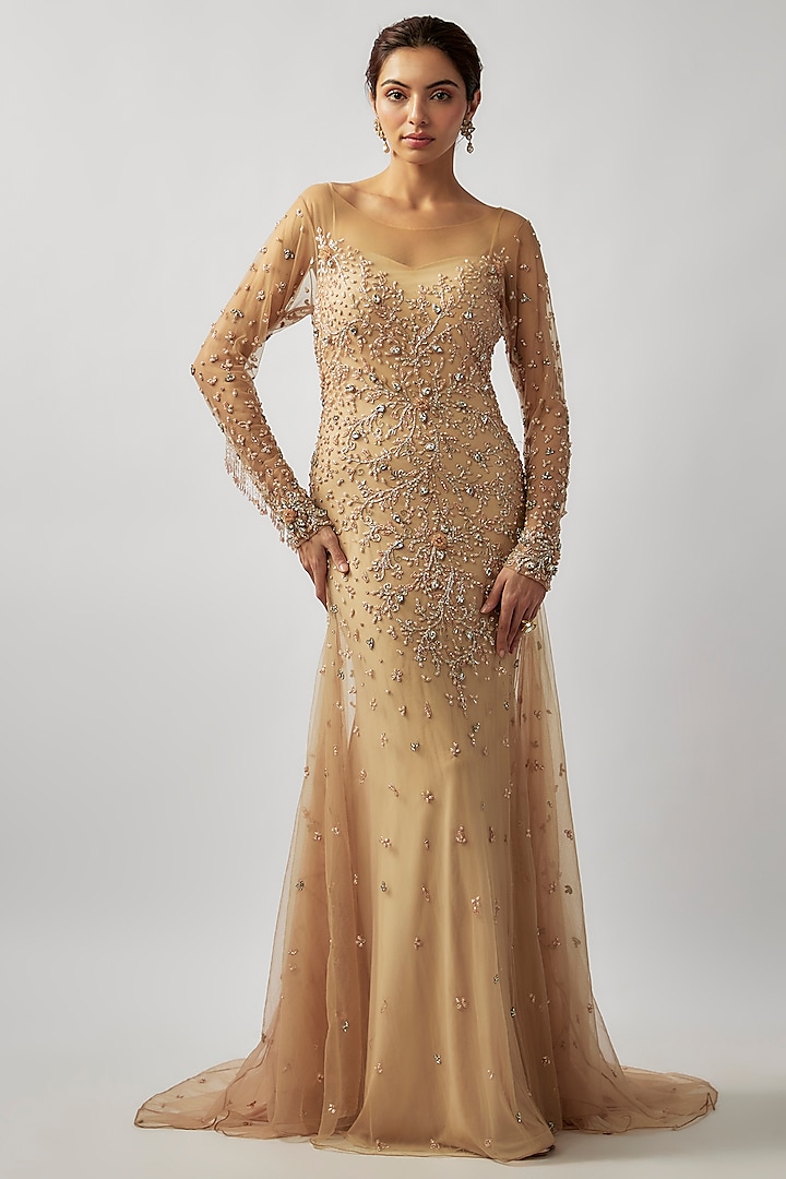 Champagne Gold Tulle Glass Crystal Embroidered Fish-Cut Gown by FATIZ