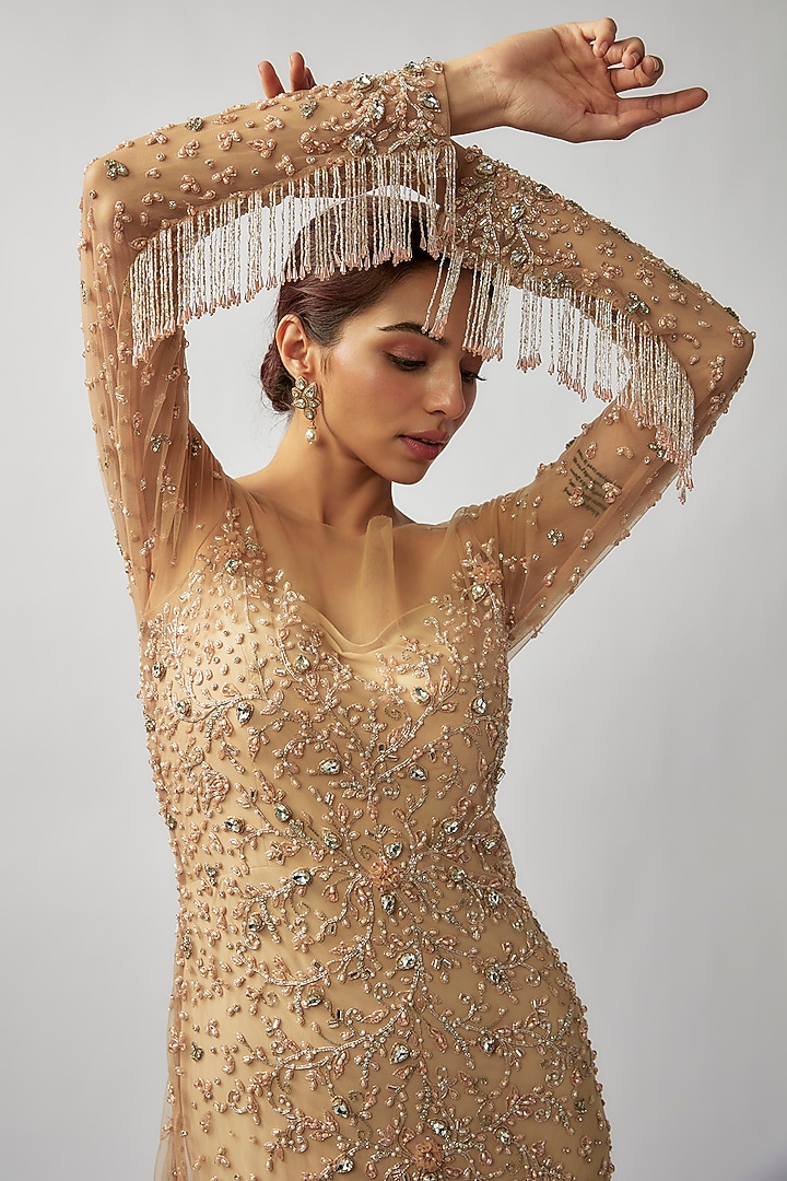 Champagne Gold Tulle Glass Crystal Embroidered Fish-Cut Engagement Gown by FATIZ at Pernia's Pop Up Shop