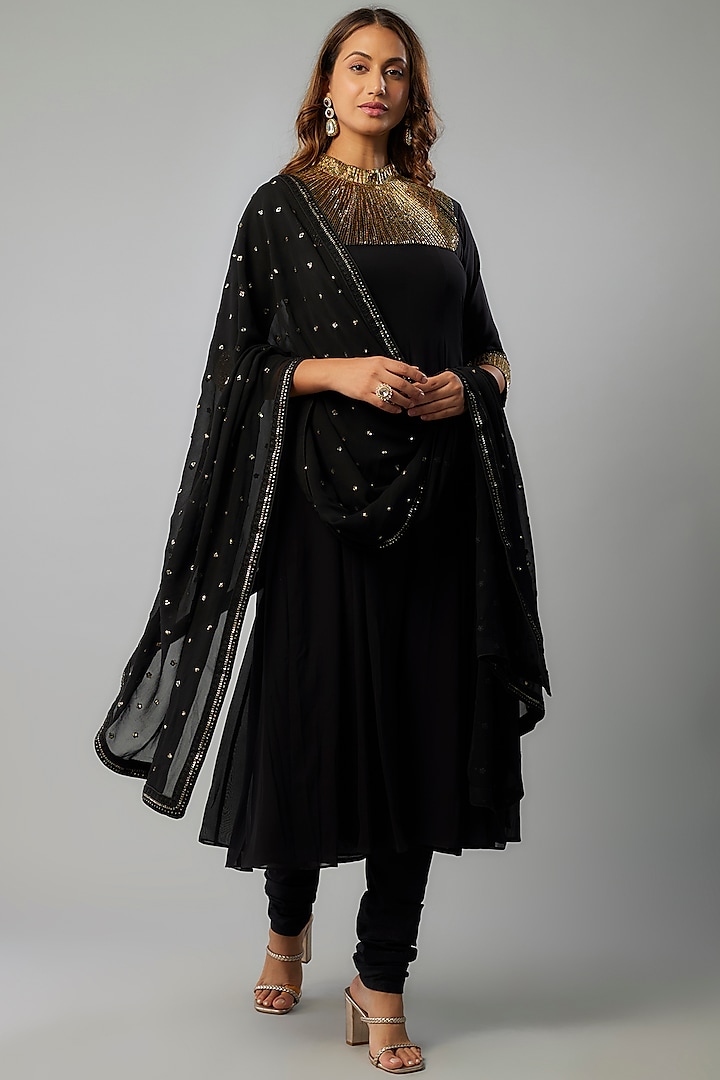 Black Georgette Cutdana Embellished Anarkali Set by FATIZ