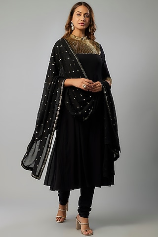 Black Georgette Cutdana Embellished Anarkali Set by FATIZ