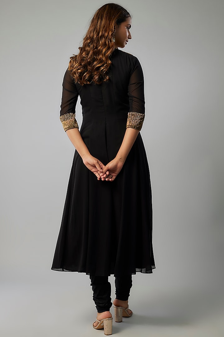 Black Georgette Cutdana Embellished Party Wear Anarkali Set by FATIZ at Pernia's Pop Up Shop