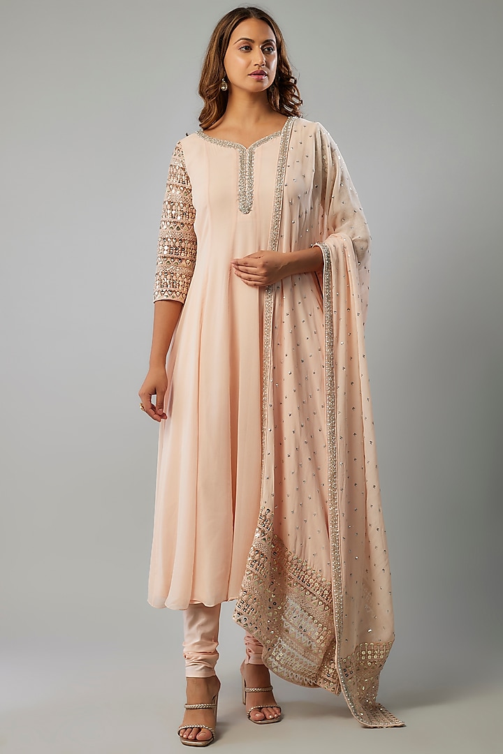 Nude Pink Georgette Cutdana Embellished Anarkali Set by FATIZ