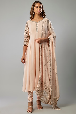 Nude Pink Georgette Cutdana Embellished Anarkali Set by FATIZ