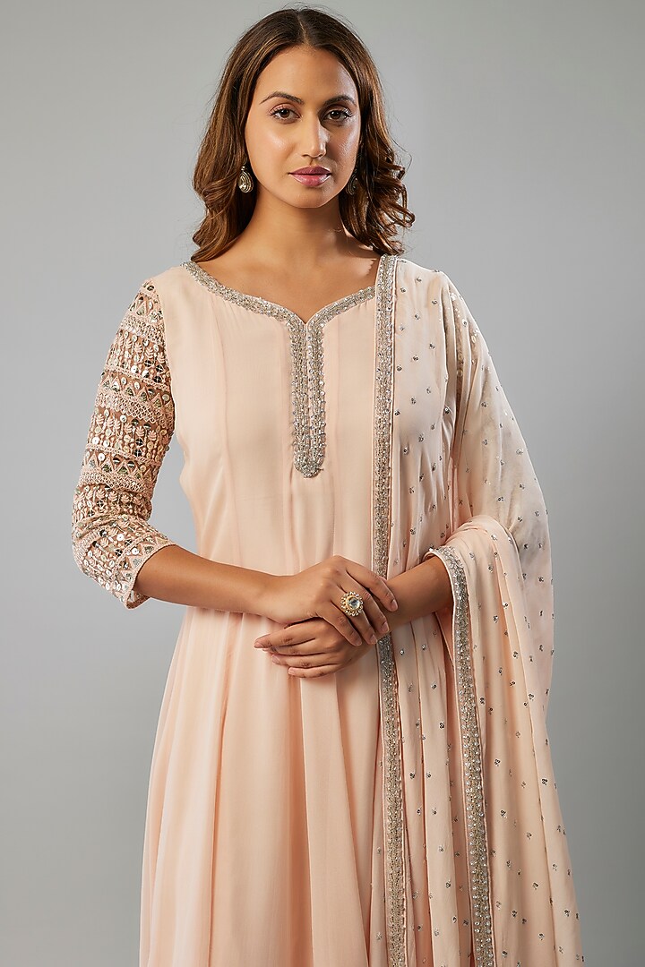 Nude Pink Georgette Cutdana Embellished Party Wear Anarkali Set by FATIZ at Pernia's Pop Up Shop