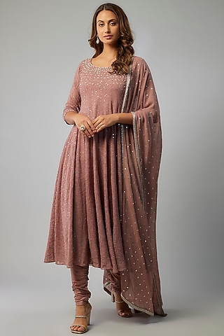 Mauve Georgette Sequins Embellished Anarkali Set by FATIZ