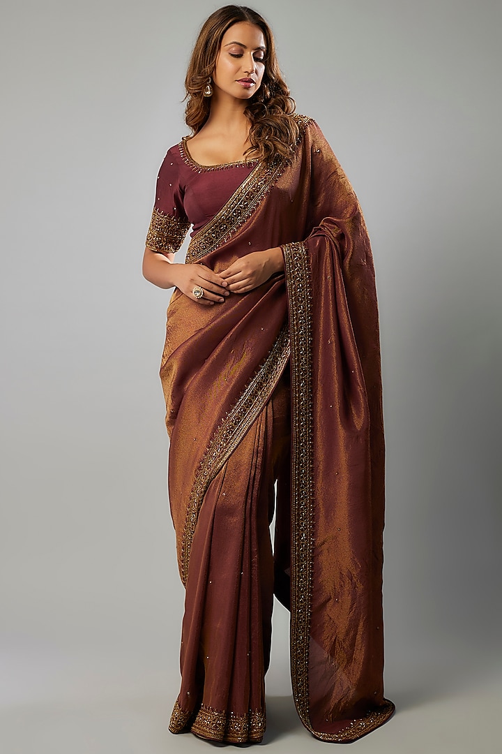 Maroon Tissue Georgette Glass Bead Embellished Saree Set by FATIZ at Pernia's Pop Up Shop