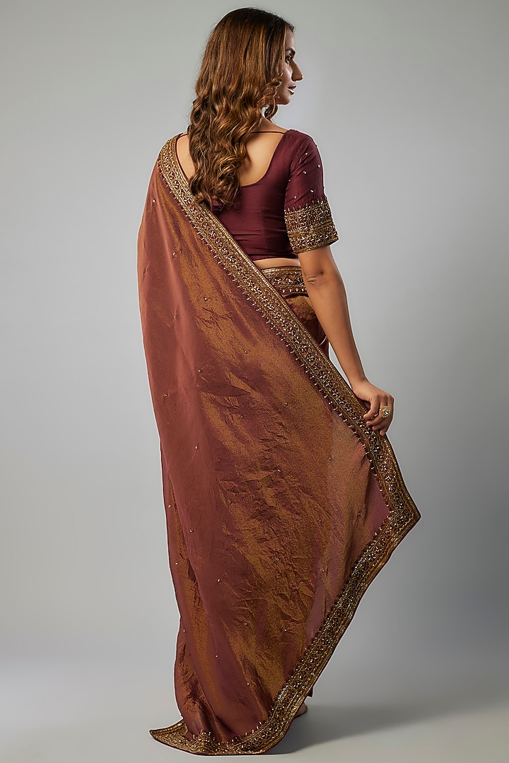 Maroon Tissue Georgette Glass Bead Embellished Wedding Saree Set by FATIZ at Pernia's Pop Up Shop
