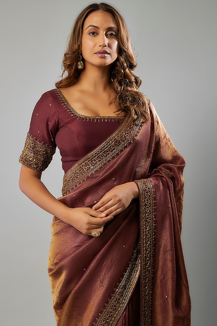 Maroon Tissue Georgette Glass Bead Embellished Wedding Saree Set by FATIZ at Pernia's Pop Up Shop