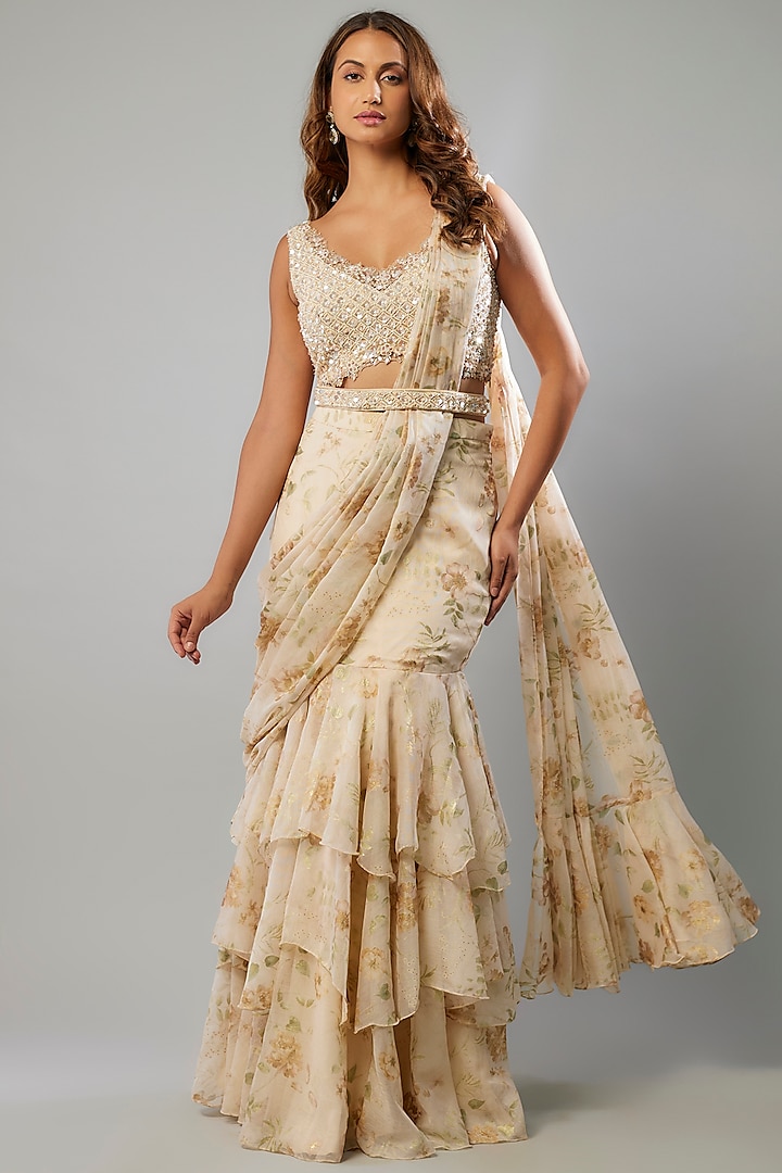 Beige Chiffon & Tulle Floral Printed Draped Saree Set by FATIZ at Pernia's Pop Up Shop