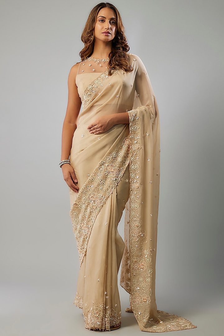 Champagne Gold Tissue Silk Crystal Embellished Saree Set by FATIZ at Pernia's Pop Up Shop