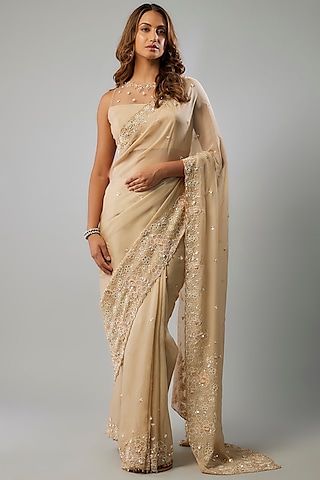Champagne Gold Tissue Silk Crystal Embellished Saree Set by FATIZ