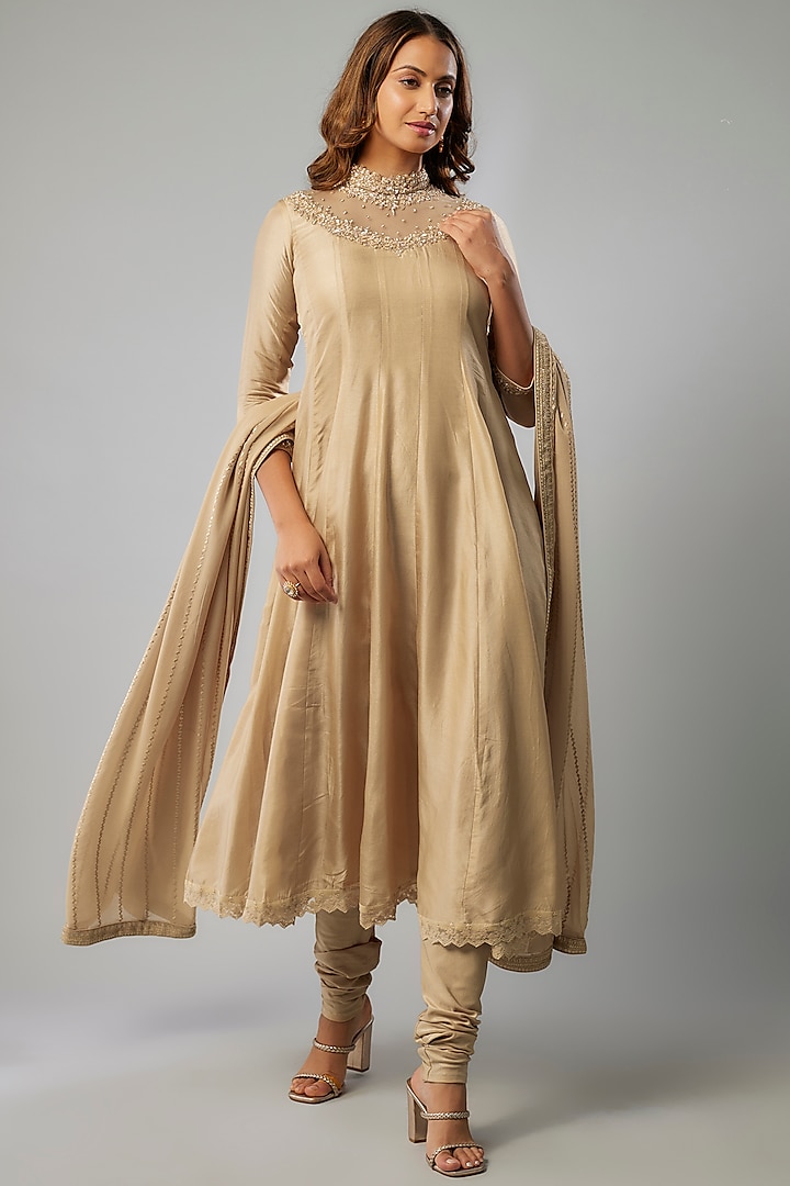 Champagne Gold Russian Silk Crystal Embellished Anarkali Set by FATIZ at Pernia's Pop Up Shop