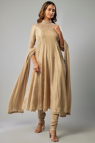 Champagne Gold Russian Silk Crystal Embellished Anarkali Set by FATIZ