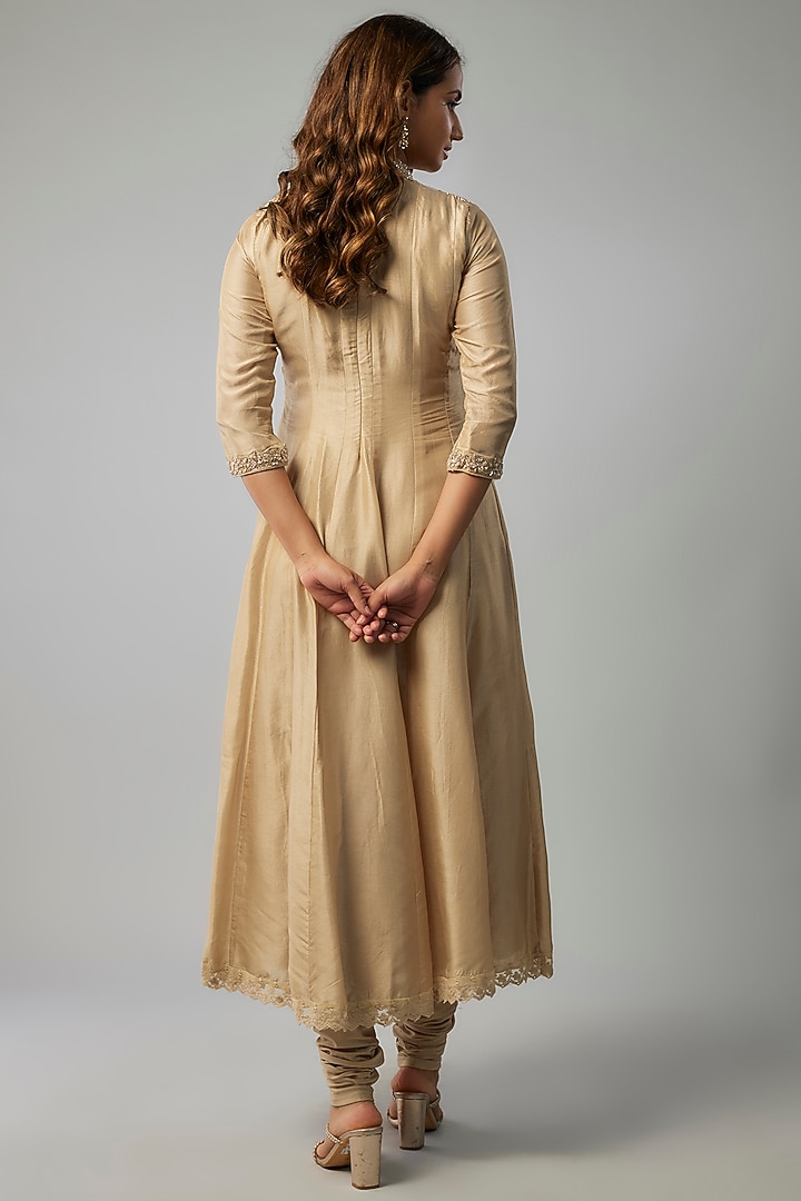 Champagne Gold Russian Silk Crystal Embellished Party Wear Anarkali Set by FATIZ at Pernia's Pop Up Shop
