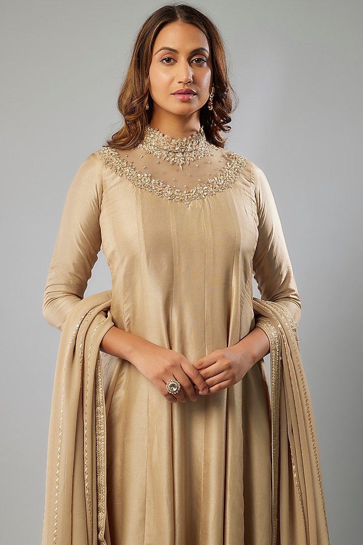 Champagne Gold Russian Silk Crystal Embellished Party Wear Anarkali Set by FATIZ at Pernia's Pop Up Shop