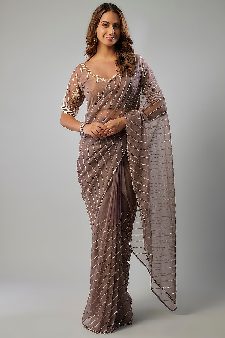 Mauve Organza Beads Embellished Saree Set by FATIZ at Pernia's Pop Up Shop