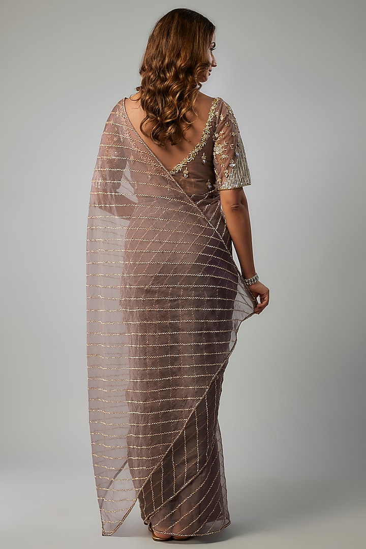 Mauve Organza Beads Embellished Wedding Saree Set by FATIZ at Pernia's Pop Up Shop