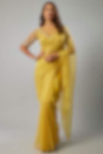 Yellow Organza Beads Embellished Saree Set by FATIZ at Pernia's Pop Up Shop