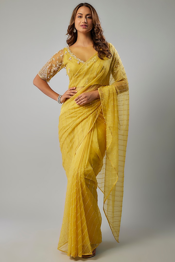 Yellow Organza Beads Embellished Saree Set by FATIZ at Pernia's Pop Up Shop