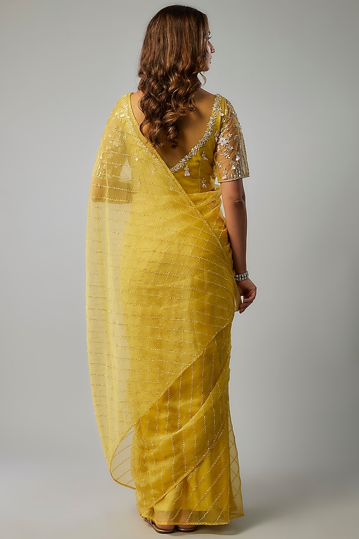 Yellow Organza Beads Embellished Wedding Saree Set by FATIZ at Pernia's Pop Up Shop