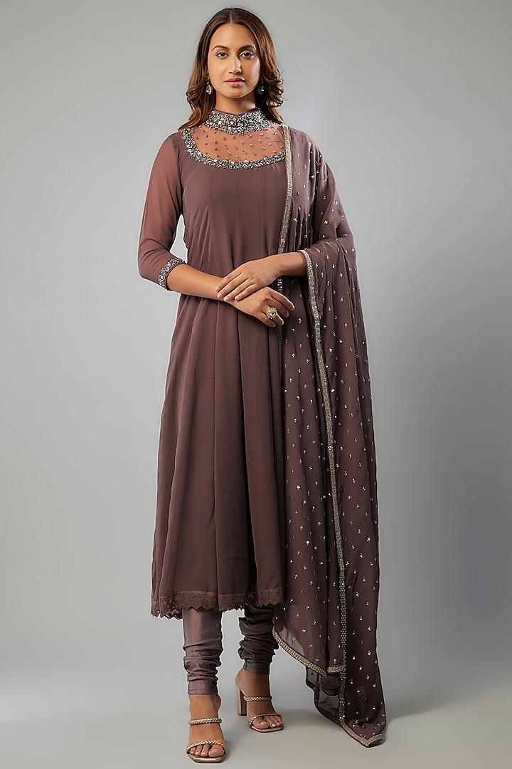 Mauve Georgette Sequins Embellished Anarkali Set by FATIZ at Pernia's Pop Up Shop