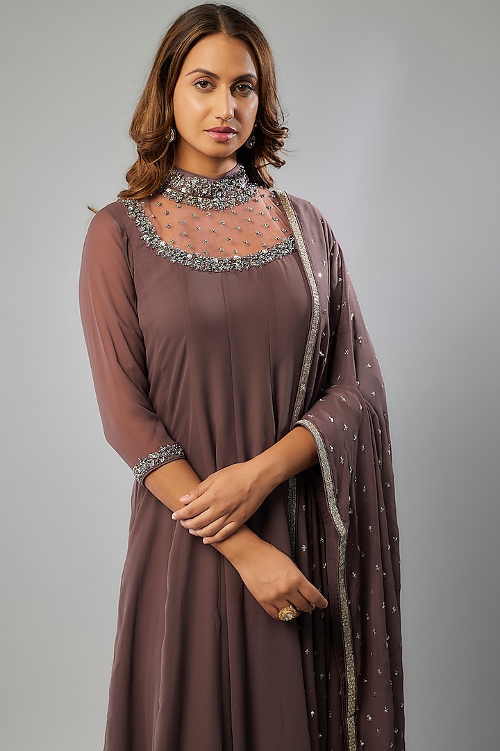 Mauve Georgette Sequins Embellished Party Wear Anarkali Set by FATIZ at Pernia's Pop Up Shop