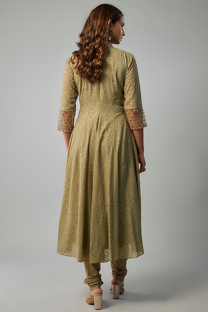Sage Green Georgette Sequins Embellished Party Wear Anarkali Set by FATIZ at Pernia's Pop Up Shop