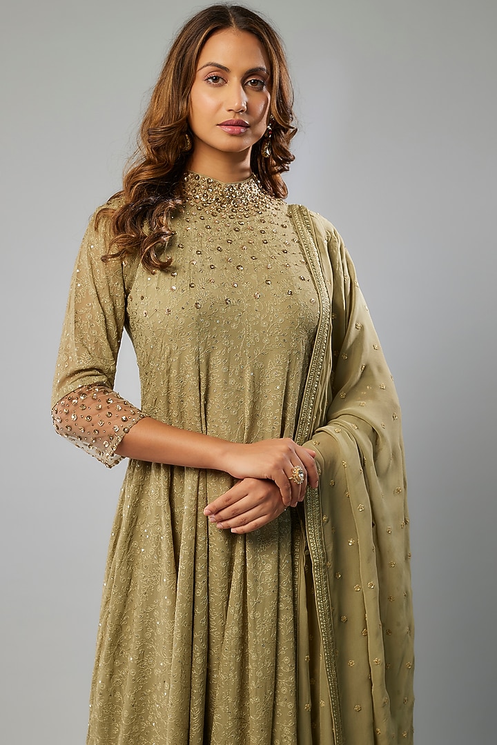 Sage Green Georgette Sequins Embellished Party Wear Anarkali Set by FATIZ at Pernia's Pop Up Shop