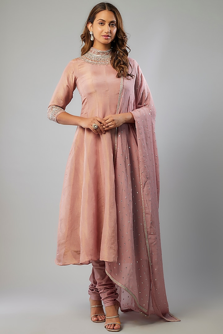 Blush Pink Tissue Georgette Glass Bead Embellished Anarkali Set by FATIZ