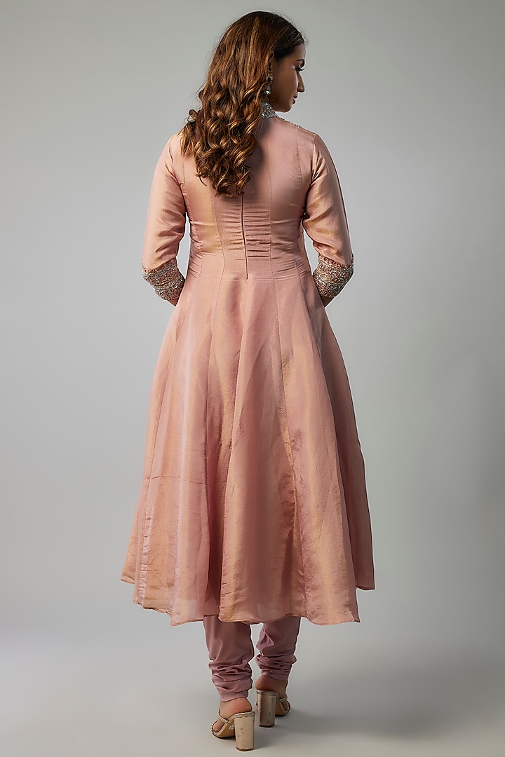 Blush Pink Tissue Georgette Glass Bead Embellished Party Wear Anarkali Set by FATIZ at Pernia's Pop Up Shop