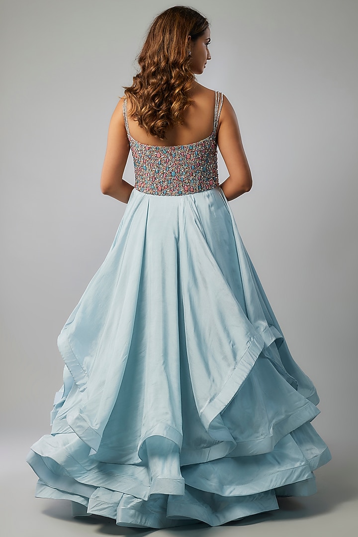 Powder Blue Upada Silk Crystal Embellished Layered Engagement Gown by FATIZ at Pernia's Pop Up Shop