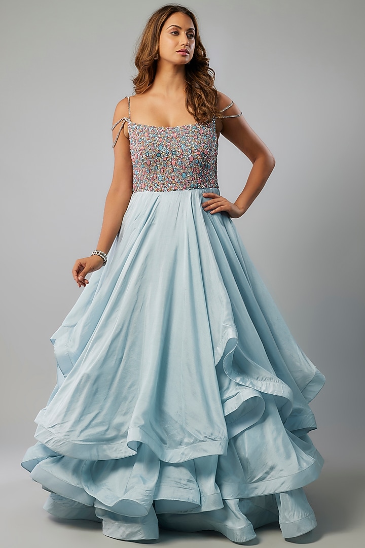Powder Blue Upada Silk Crystal Embellished Layered Engagement Gown by FATIZ at Pernia's Pop Up Shop