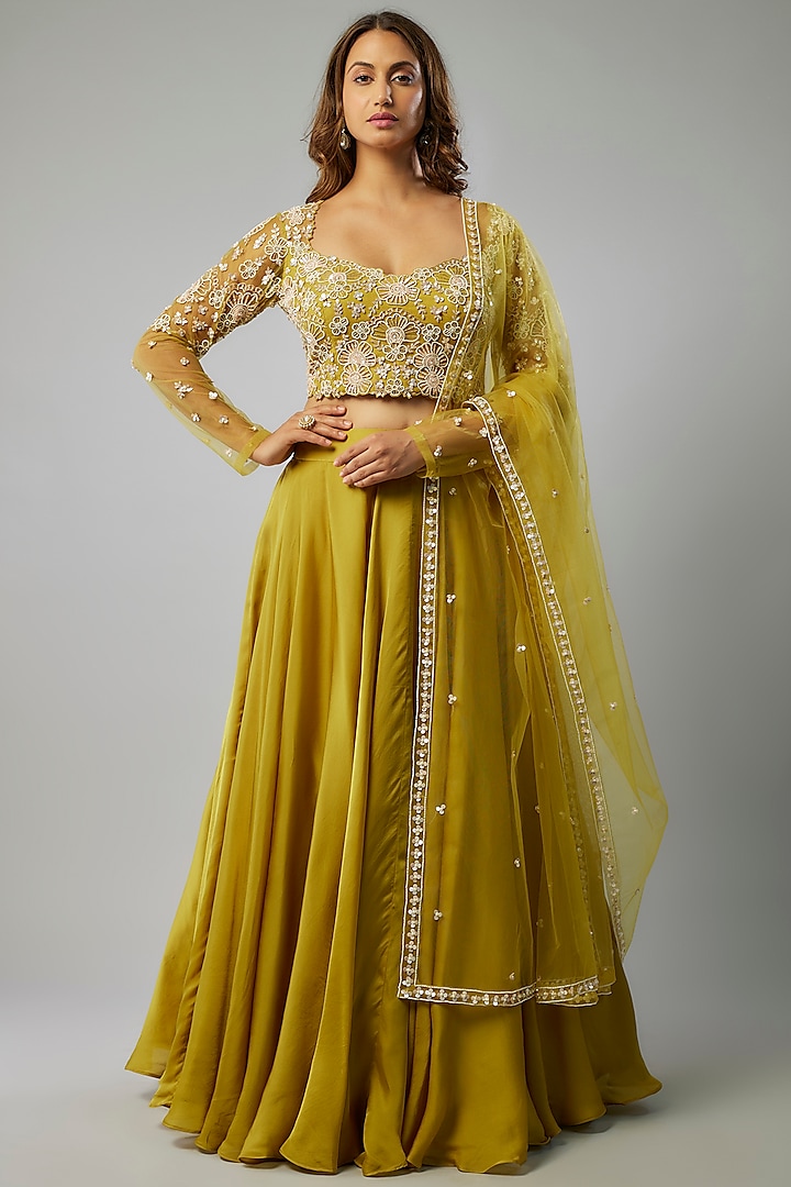 Yellow Silk Organza Wedding Lehenga Set by FATIZ at Pernia's Pop Up Shop